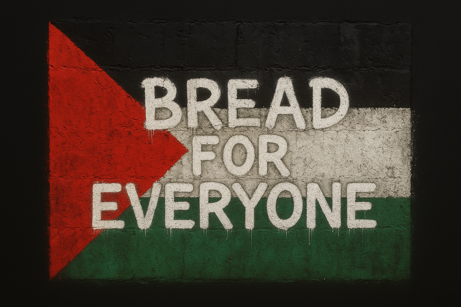 schwarzer Hintergrund mit einer wand an die ein grafitti gesprüht ist in den färben der plestinänsichen flagge wo steht bread for everyone